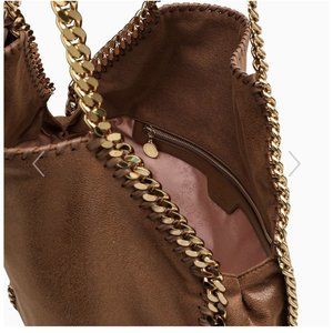 NEW NWOT STELLA MCCARTNEY FALABELLA BROWN FAUX SUEDE GOLD CHAIN TOTE HAND BAG